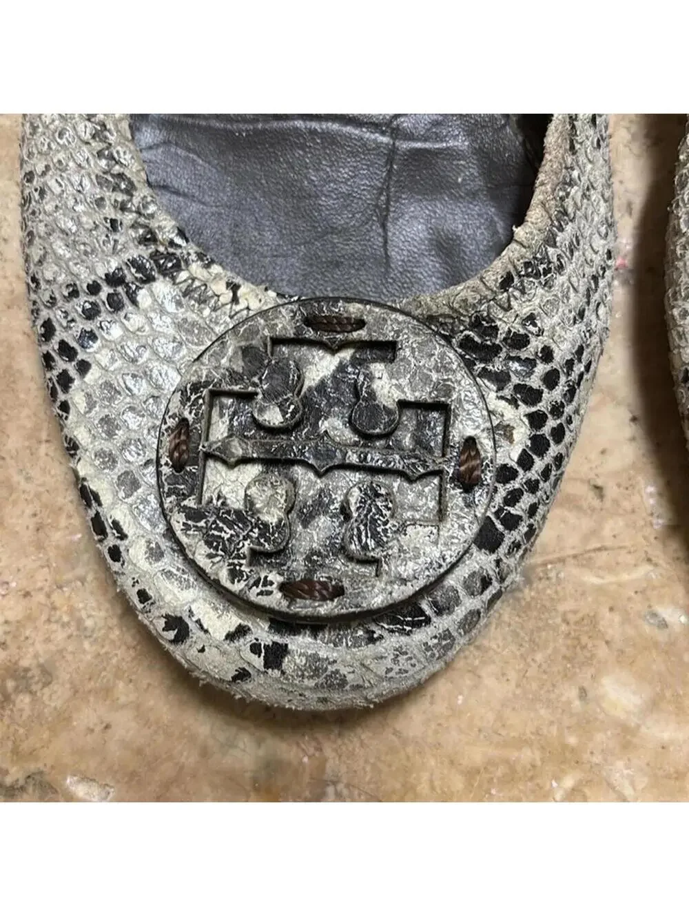 GUC Tory Burch Grey Snakeskin Python Elastic Heel Ballet Flats